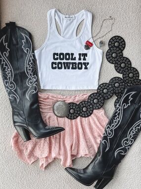 Cool It Cowboy White Tank Top with Black Text